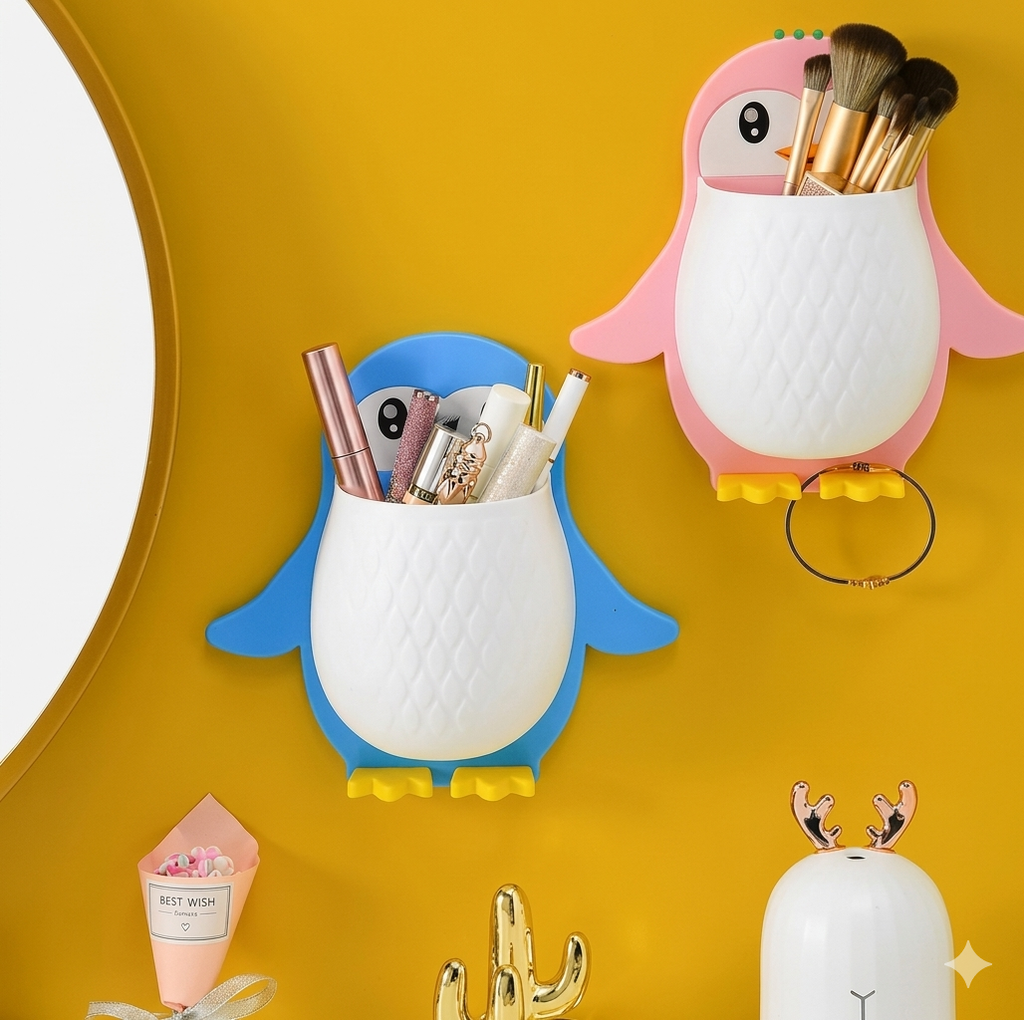 Self-Adhesive Penguin Storage Box for Makeup Brushes, Stationery, and Accessories"