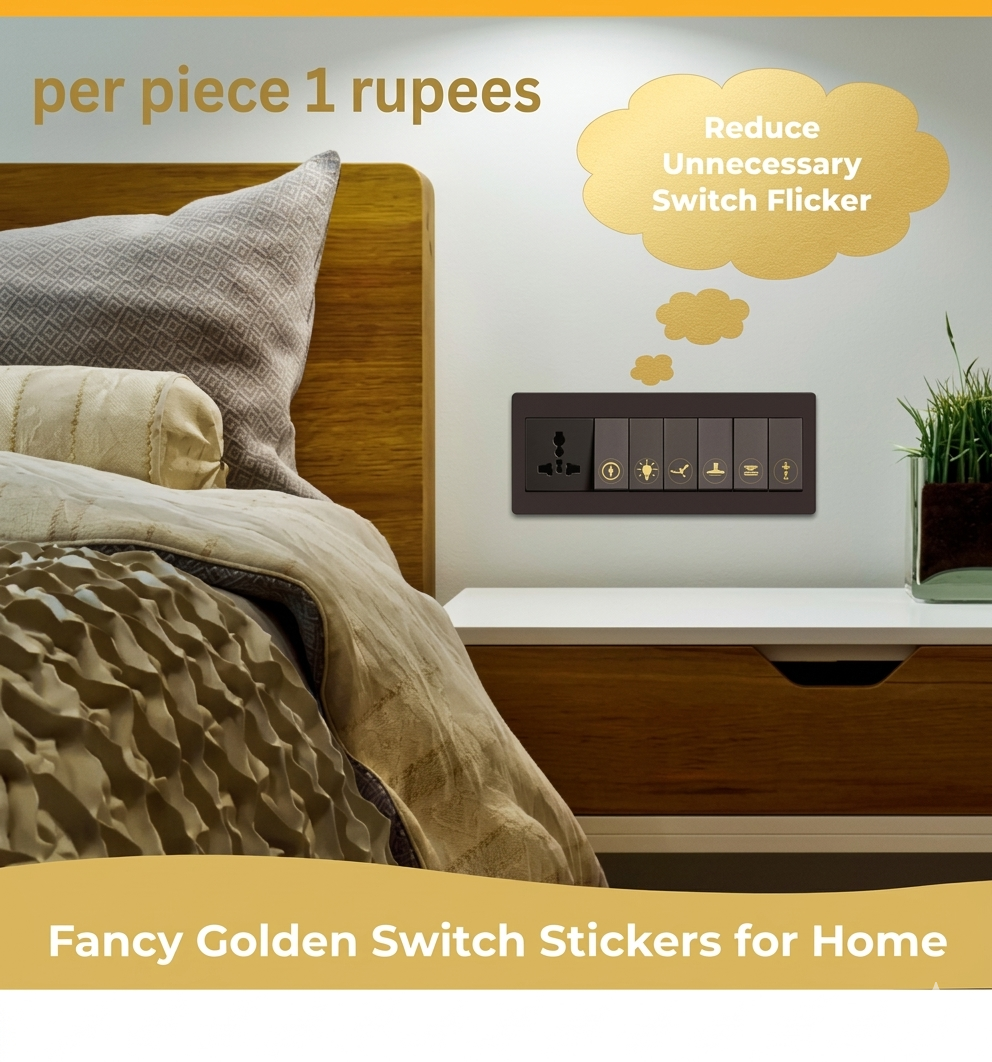 Premium Golden Glow Switch Board Stickers – 52 Unique Icon Designs (330 Pcs Set)
