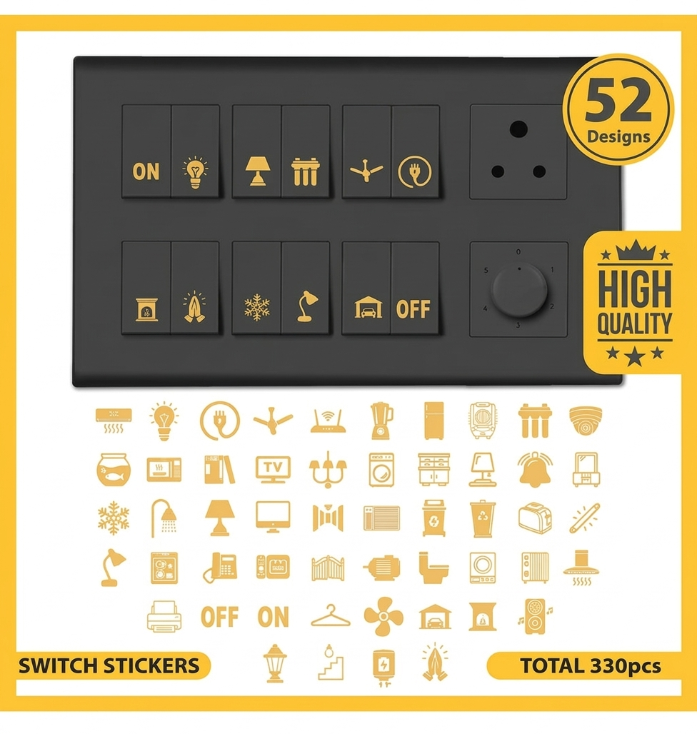 Premium Golden Glow Switch Board Stickers – 52 Unique Icon Designs (330 Pcs Set)