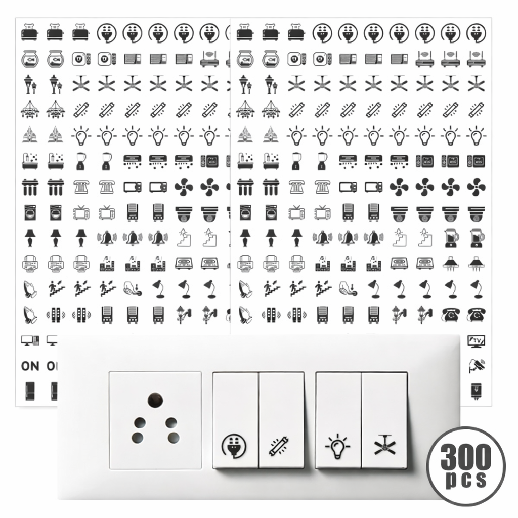 Transparent Switch ID Stickers for Switch Boards, 46 Designs, Pack of 300 Pieces (Transparent)
