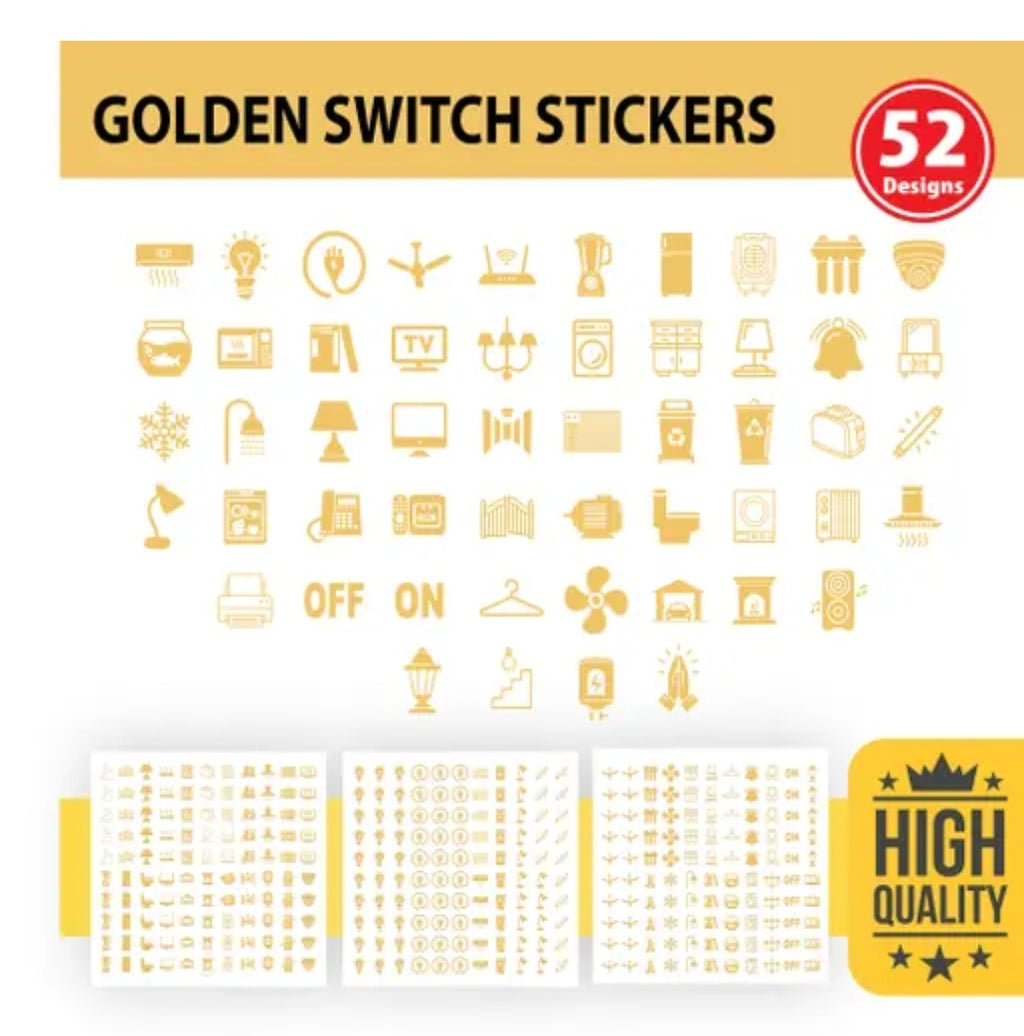 Premium Golden Glow Switch Board Stickers – 52 Unique Icon Designs (330 Pcs Set)