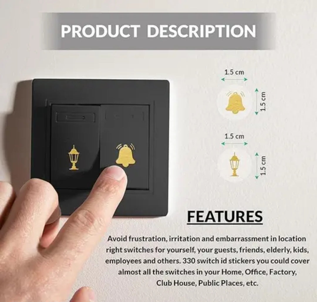 Premium Golden Glow Switch Board Stickers – 52 Unique Icon Designs (330 Pcs Set)