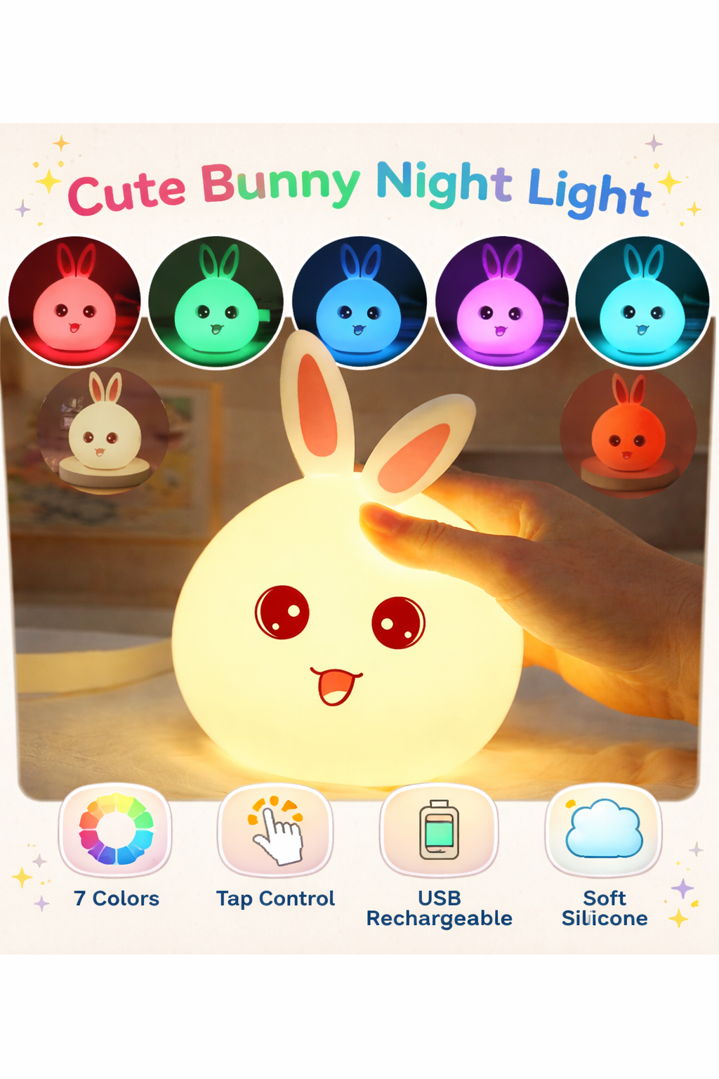 Aubade Silicone Rabbit Night Light  USB Rechargeable 7 Color-Changing LED Lamp with Touch Sensor Control | Kids Bedroom Décor & Gift for Baby
