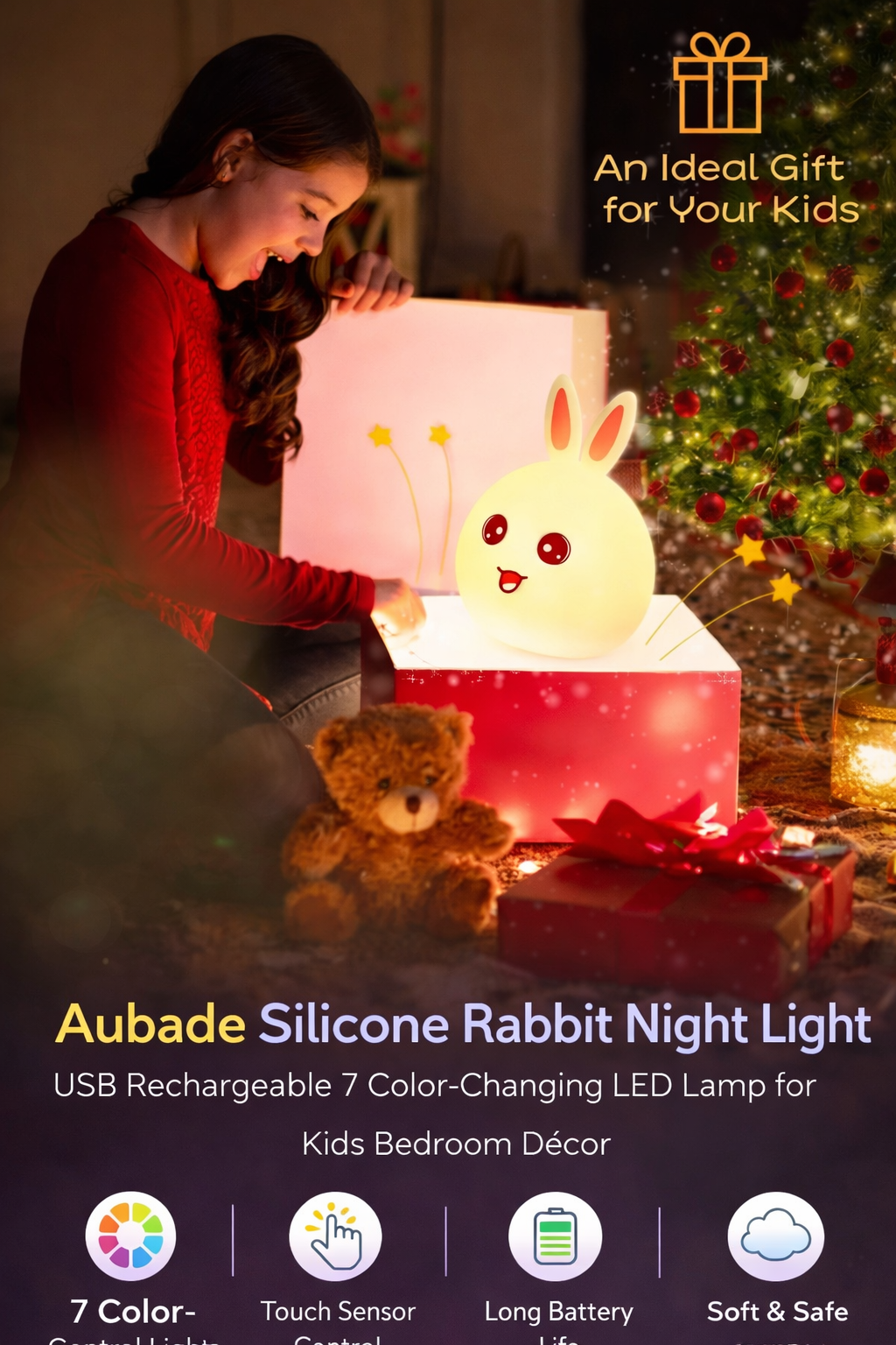 Aubade Silicone Rabbit Night Light  USB Rechargeable 7 Color-Changing LED Lamp with Touch Sensor Control | Kids Bedroom Décor & Gift for Baby