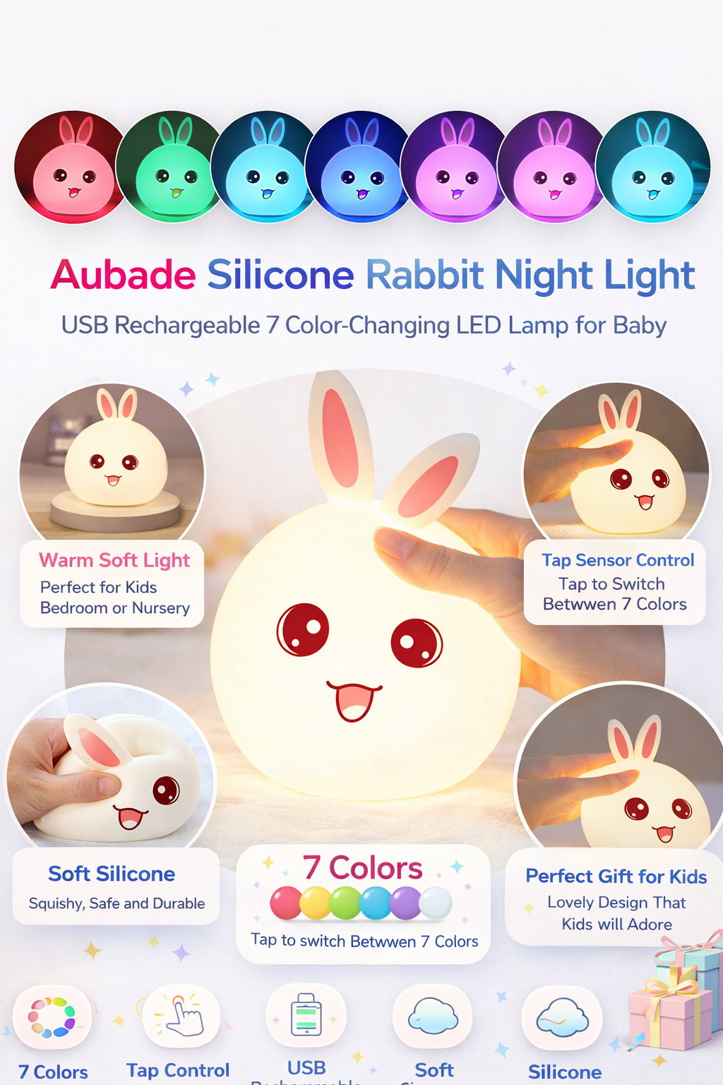 Aubade Silicone Rabbit Night Light  USB Rechargeable 7 Color-Changing LED Lamp with Touch Sensor Control | Kids Bedroom Décor & Gift for Baby