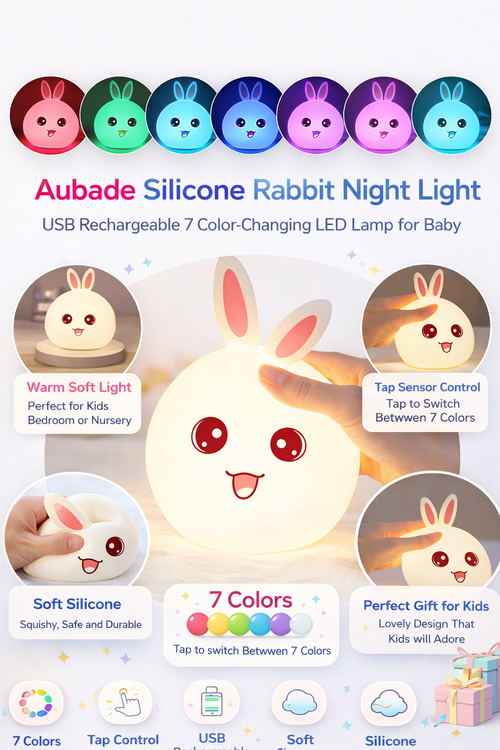 Aubade Silicone Rabbit Night Light  USB Rechargeable 7 Color-Changing LED Lamp with Touch Sensor Control | Kids Bedroom Décor & Gift for Baby