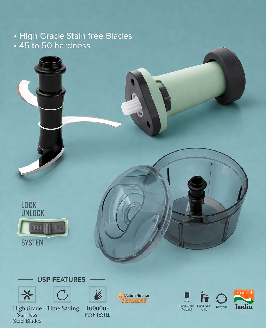 Manual Food Chopper 650ml – 3 Blade Quick Cutter