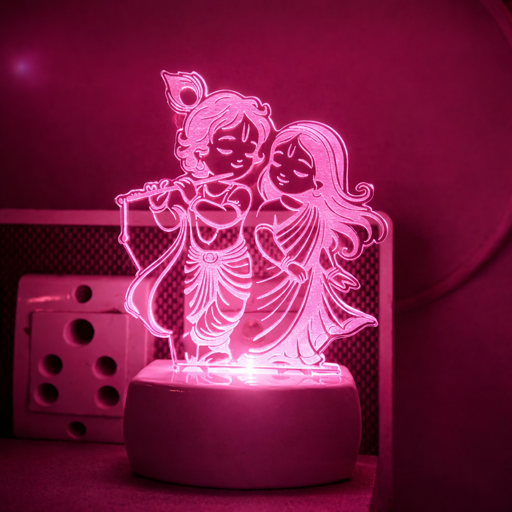 Radha Krishna LED Acrylic Night Lamp  | 3D Laser Engraved Couple Design  | Plug-in Decorative Night Light for Bedroom & Gift