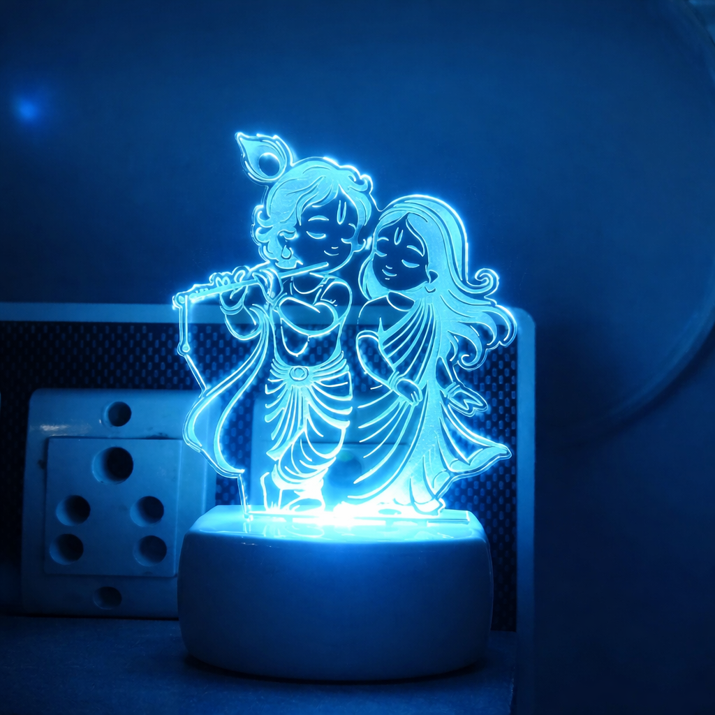 Radha Krishna LED Acrylic Night Lamp  | 3D Laser Engraved Couple Design  | Plug-in Decorative Night Light for Bedroom & Gift