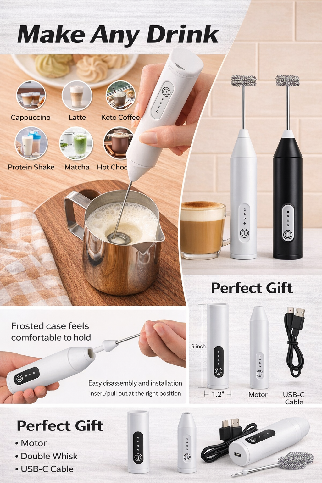 3-Speed Rechargeable Electric Milk Frother