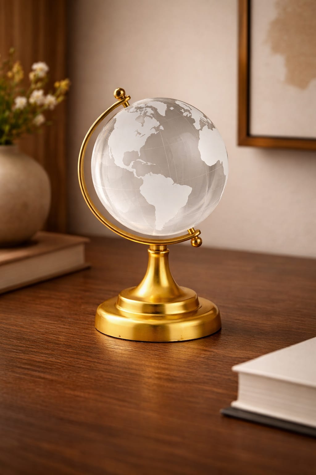 Elegant Crystal World Globe with Gold Stand – Modern Desk & Home Decor Accent