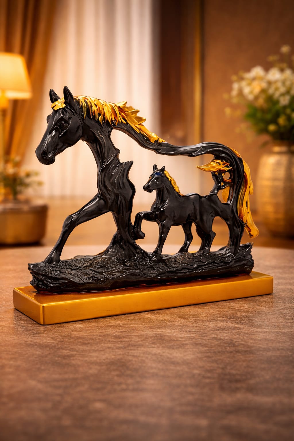 Regal Horse and Foal Statue: Elegant Black & Gold Resin Showpiece for Home & Office Decor