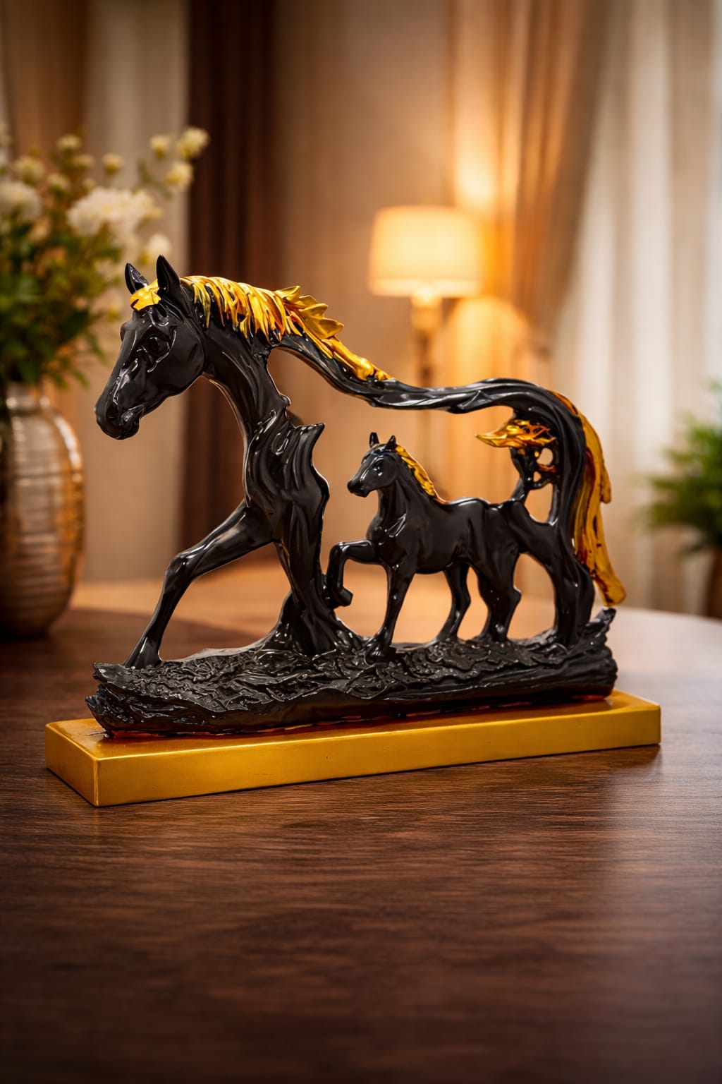 Regal Horse and Foal Statue: Elegant Black & Gold Resin Showpiece for Home & Office Decor