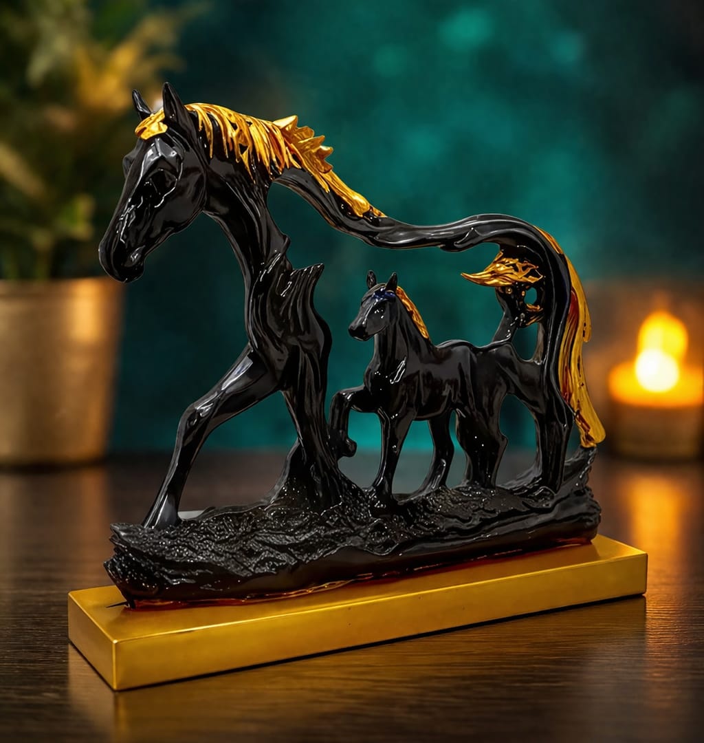Regal Horse and Foal Statue: Elegant Black & Gold Resin Showpiece for Home & Office Decor