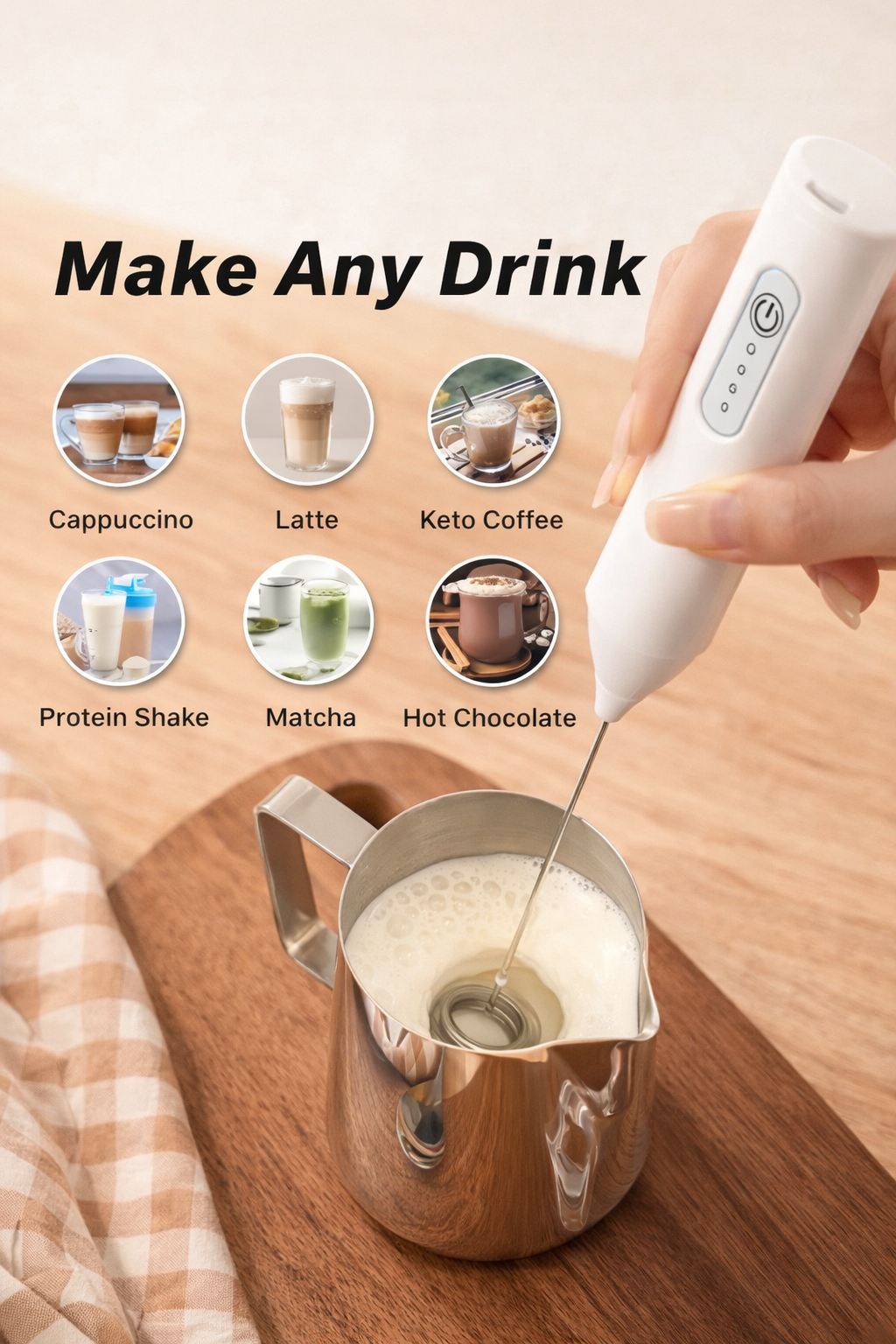 3-Speed Rechargeable Electric Milk Frother