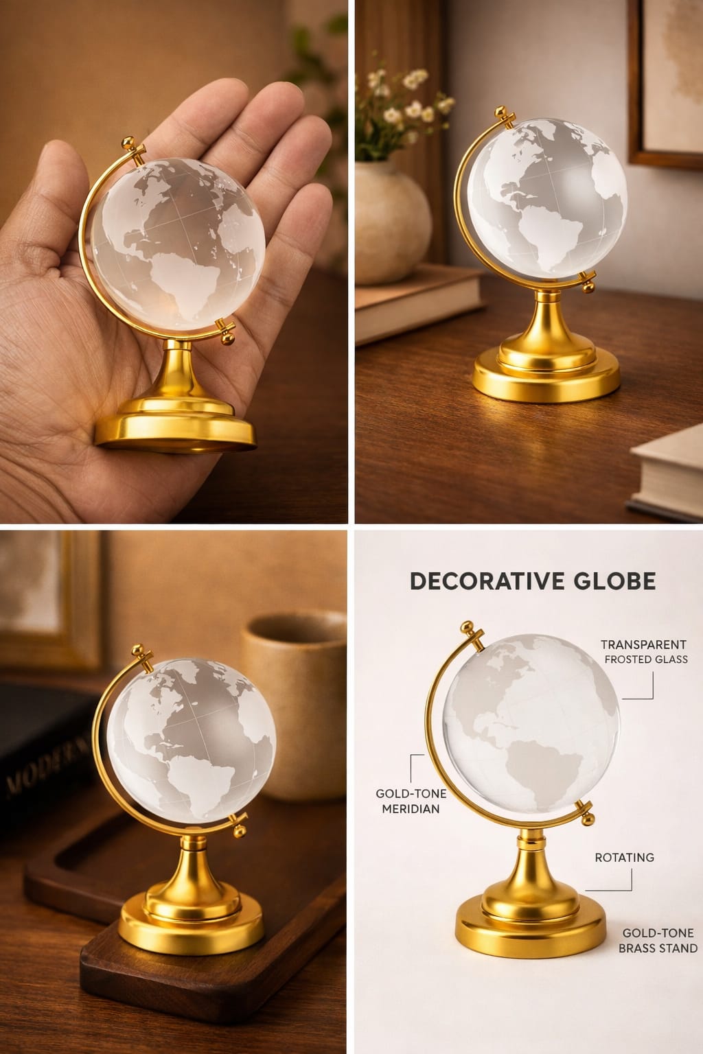 Elegant Crystal World Globe with Gold Stand – Modern Desk & Home Decor Accent